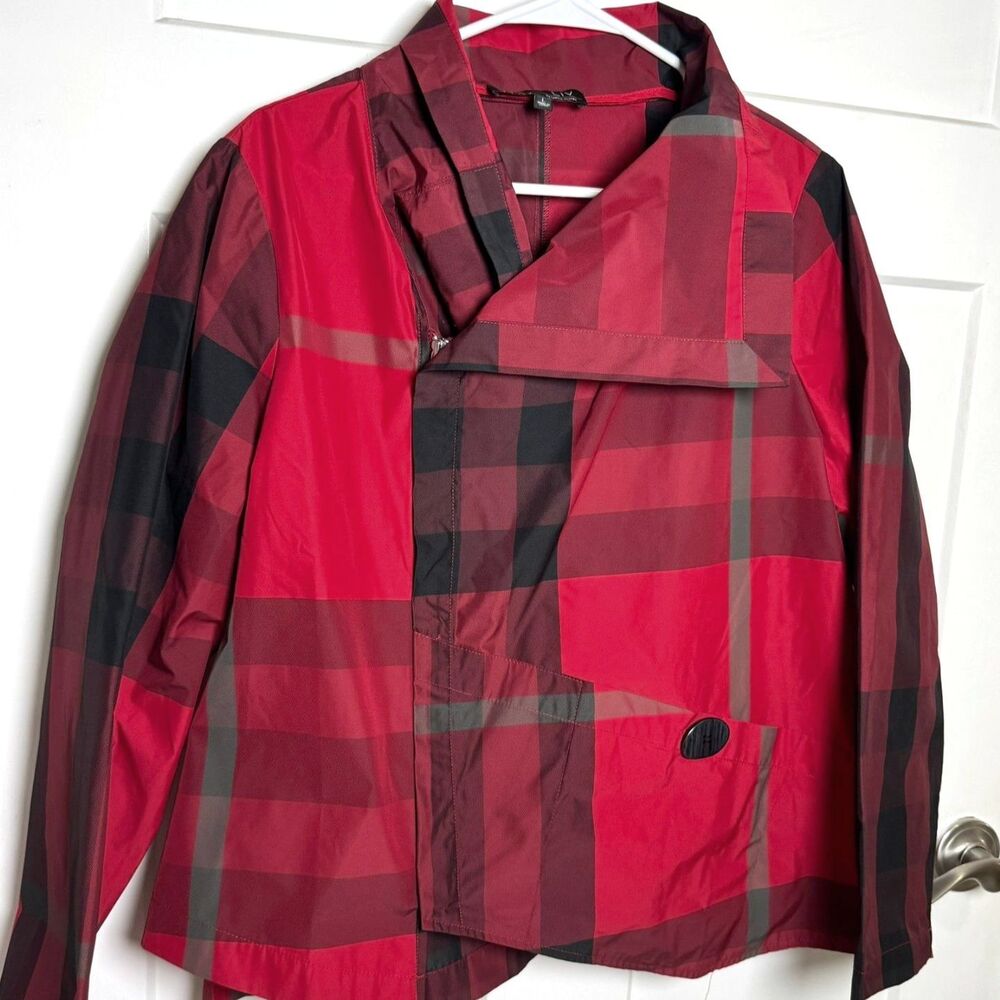 LIV by Habitat Womens L Red Plaid Jacket Asymmetrical Collar Lightweight Artsy